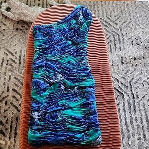 Bcbgmaxazria one sleeve multicolored dress sz small